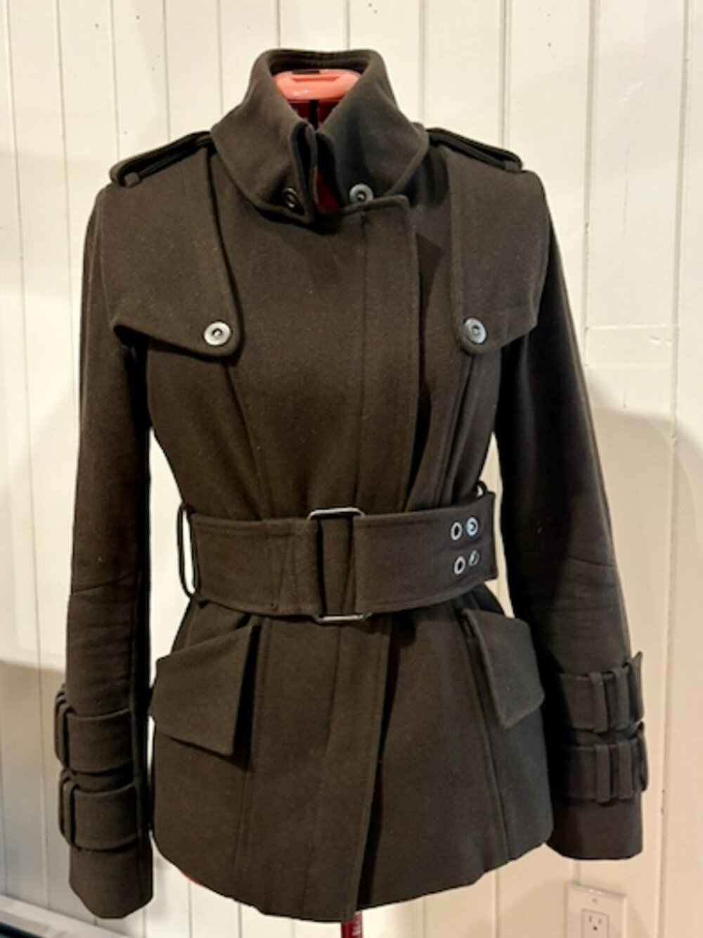 BEDO Femme Olive Green Wool Military Peacoat S